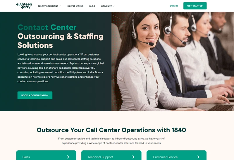 1840 & Company website screenshot for contact center outsourcing services
